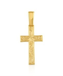 9ct Yellow Gold Ornate Patterned Solid Classic Cross Pendant