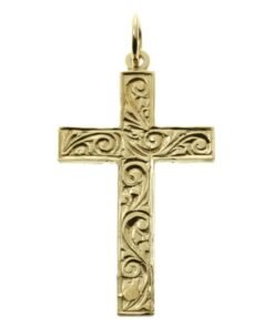9ct Yellow Gold Ornate Patterned Solid Classic Cross Pendant