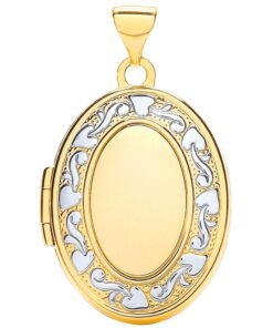9ct Yellow & White Gold Pattern Oval Family Locket Pendant - 28mm