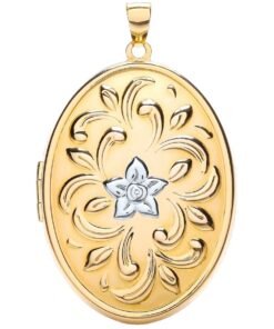 9ct Yellow & White Gold Floral Pattern Oval Locket Pendant - 44mm